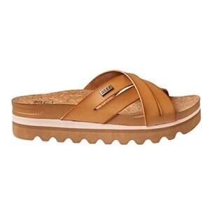 REEF CUSHION BLOOM HI WOMEN'S PLATFORM, VEGAN LEATHER X STRAP, SIZE 8 - NATURAL